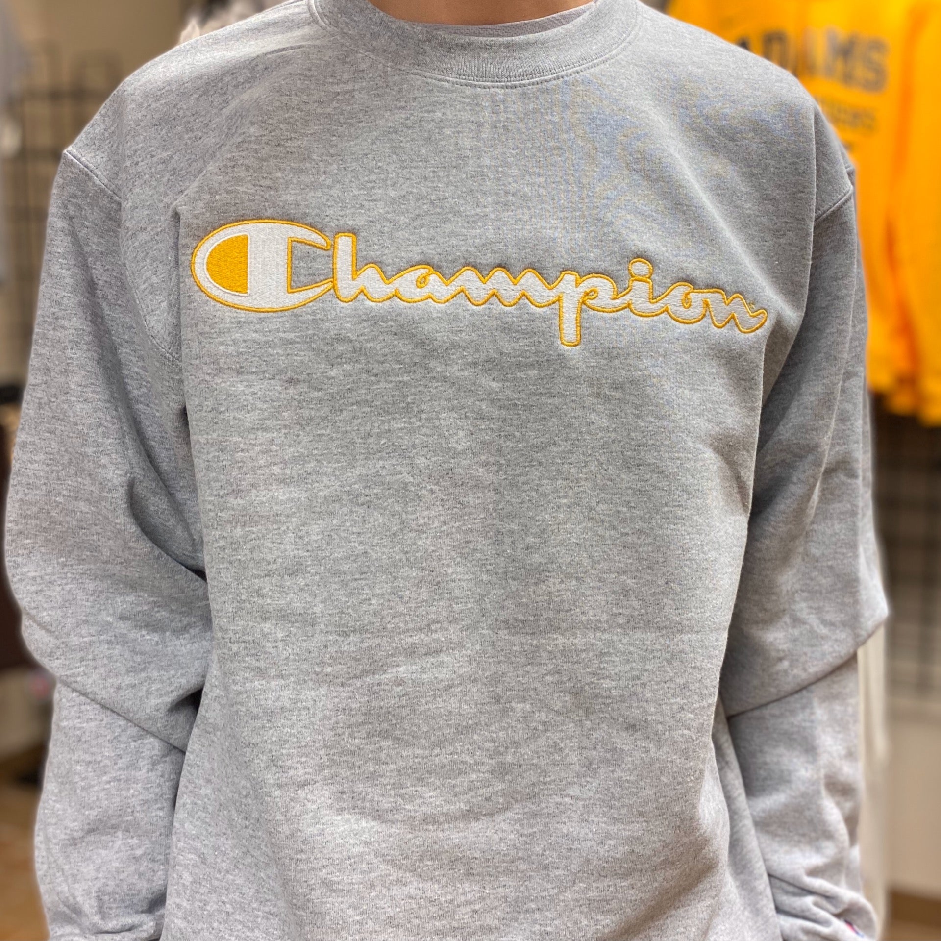 Champion script logo gold crew neck sweatshirt hot sale