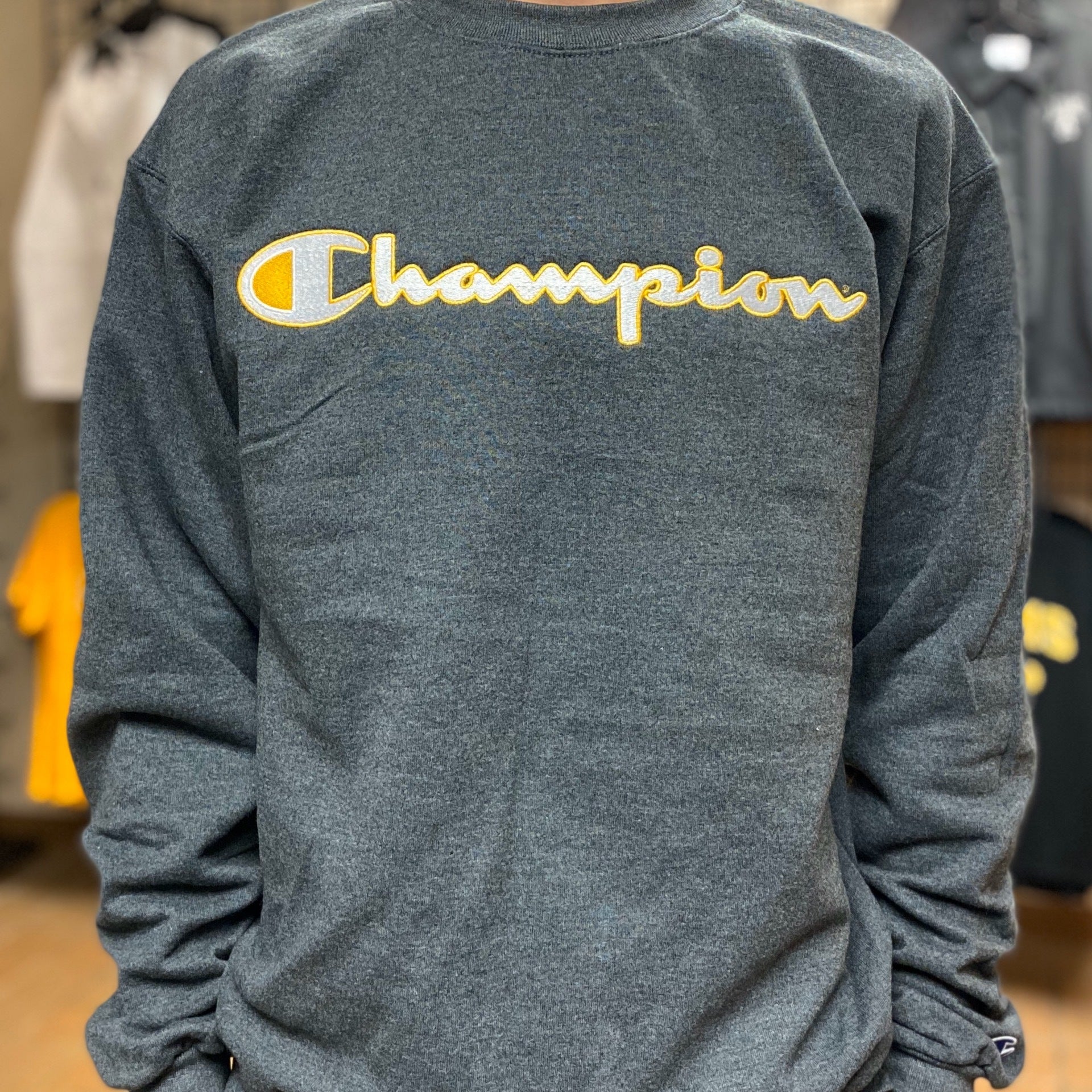 Champion script logo gold crew neck sweatshirt shop